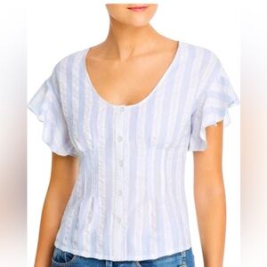 cupcakes & cashmere Light Blue and White Ruffle Short Sleeve Blouse Small